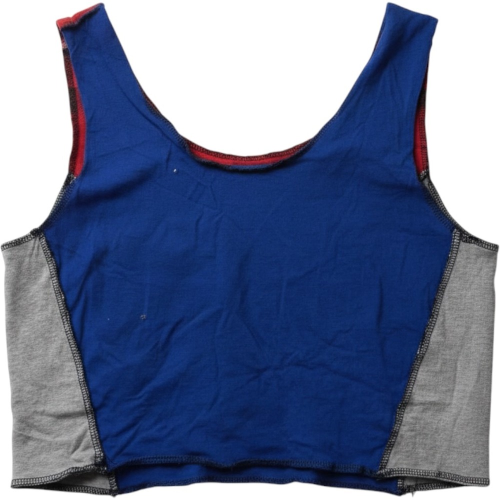 Custom Reworked Rise Up Colorblock Crop Top Red Blue Grey Large - Picture 2 of 3